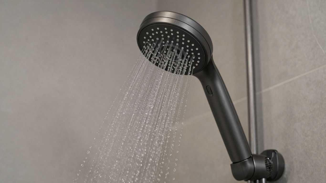 Matte black shower head with cascading water