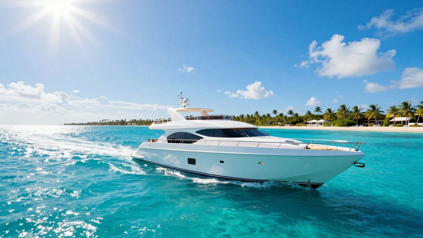 Luxury yacht sailing in clear turquoise Bahamian waters.