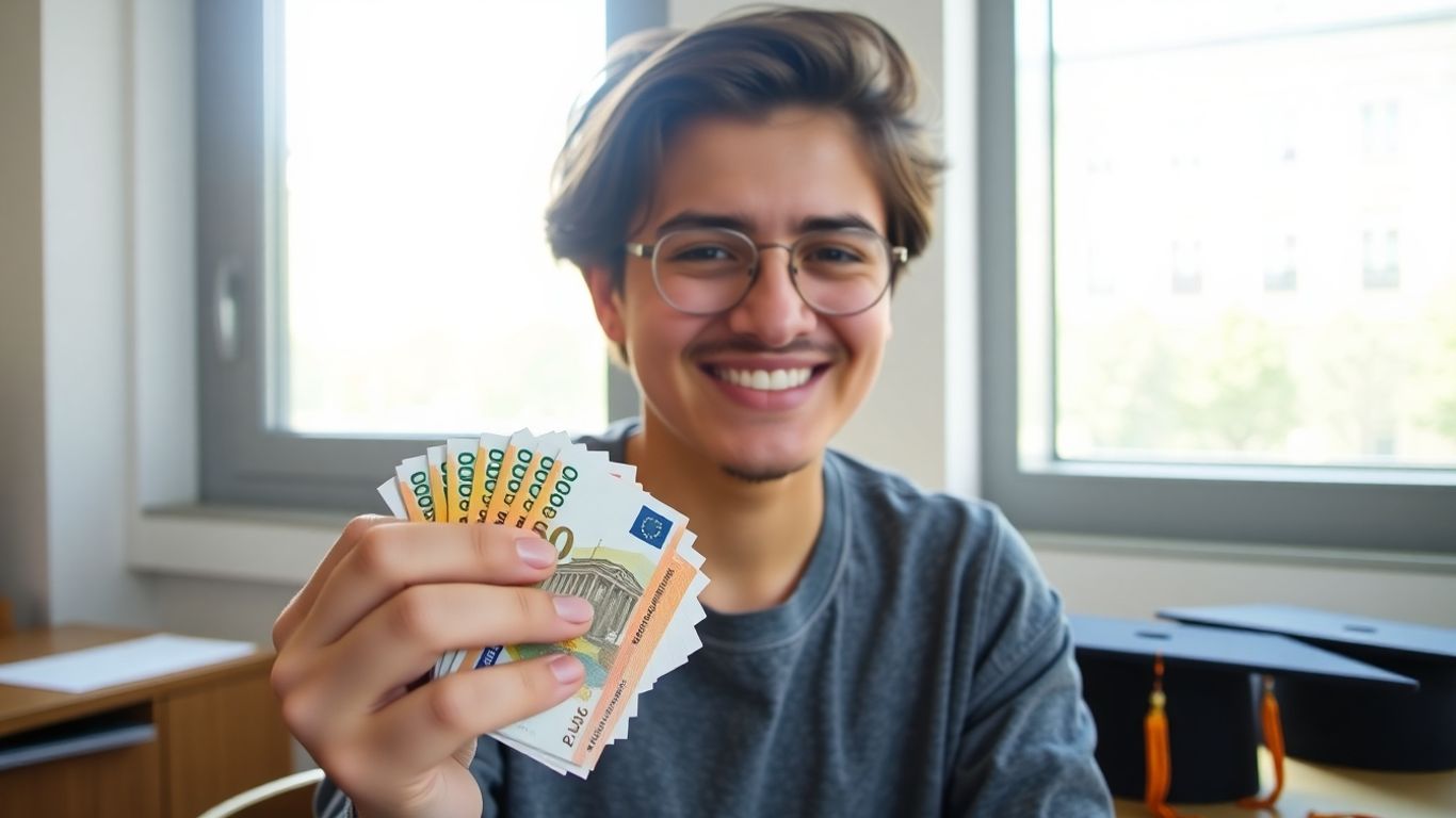 Estudante português com dinheiro e capelo universitário.