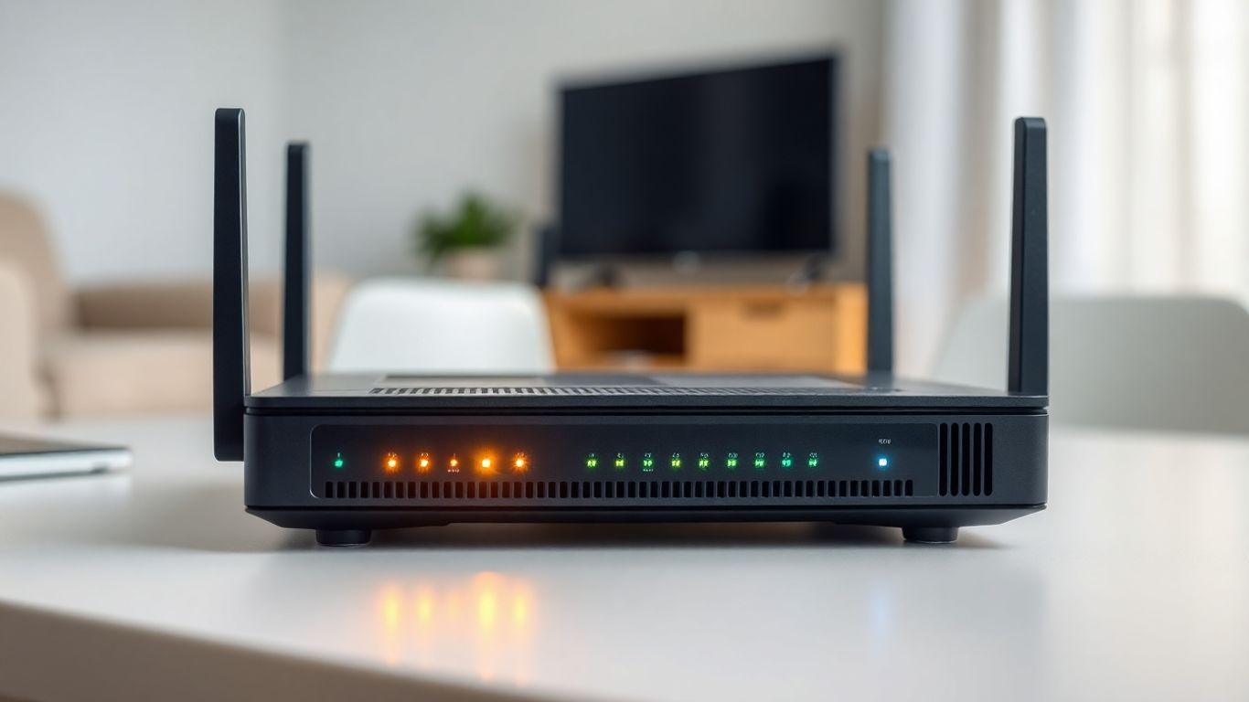 Roteador moderno com luzes acesas em um ambiente doméstico.