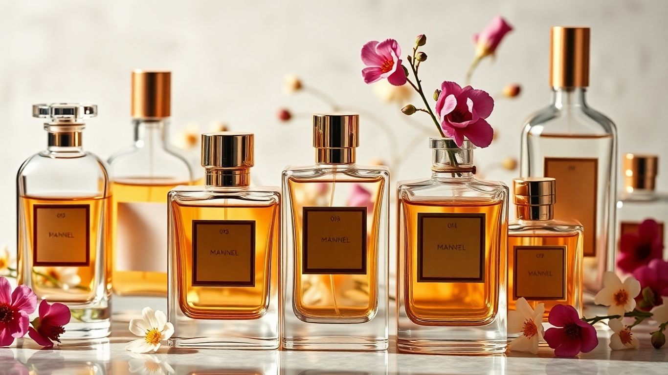 Perfume bottles and flowers arranged artfully.