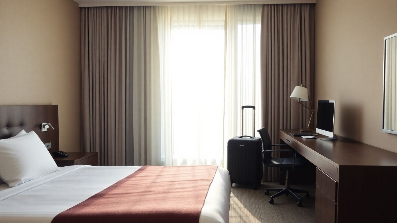 Sodobna hotelska soba z delovnim prostorom in udobno posteljo.