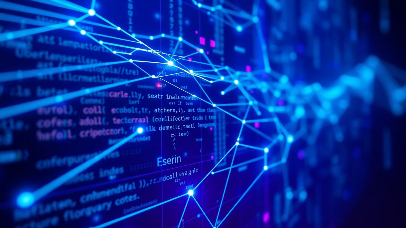 Abstract digital network with flowing code and glowing elements.