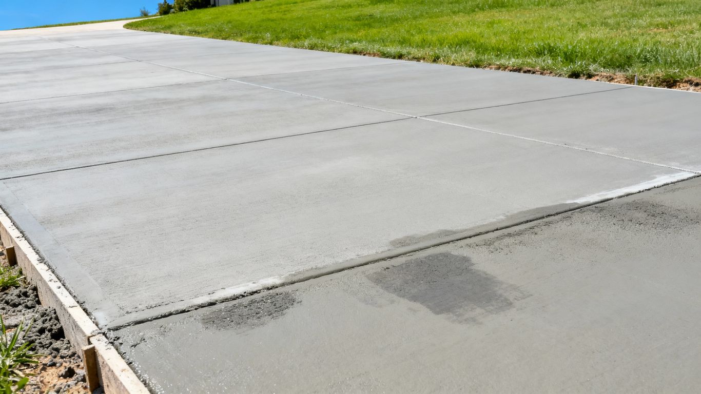 Newly poured concrete driveway in Bells, Texas.