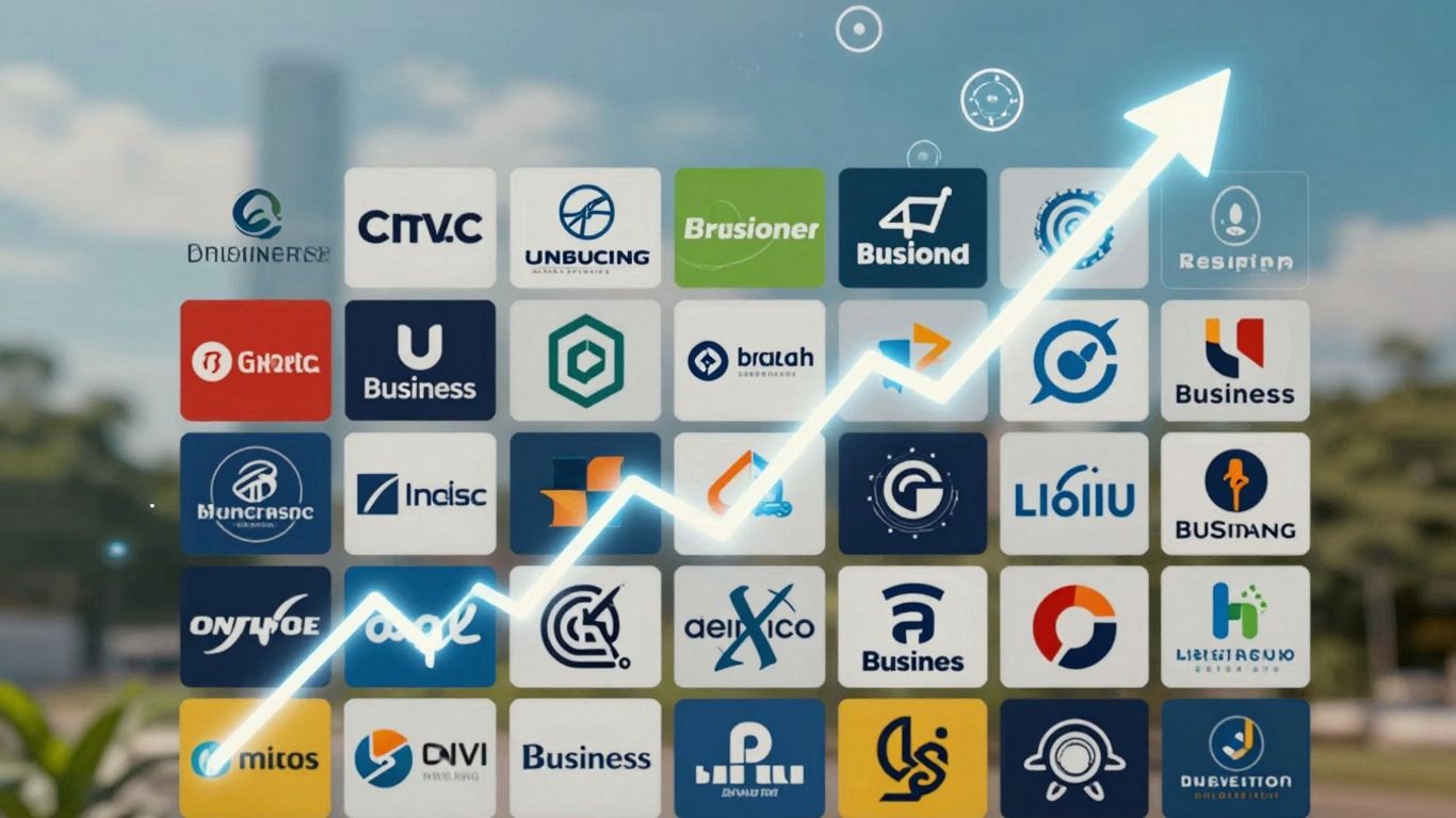 Collage of business logos with upward trending arrow.