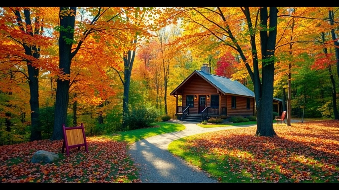 Autumn landscape with colorful trees and cozy cabin.