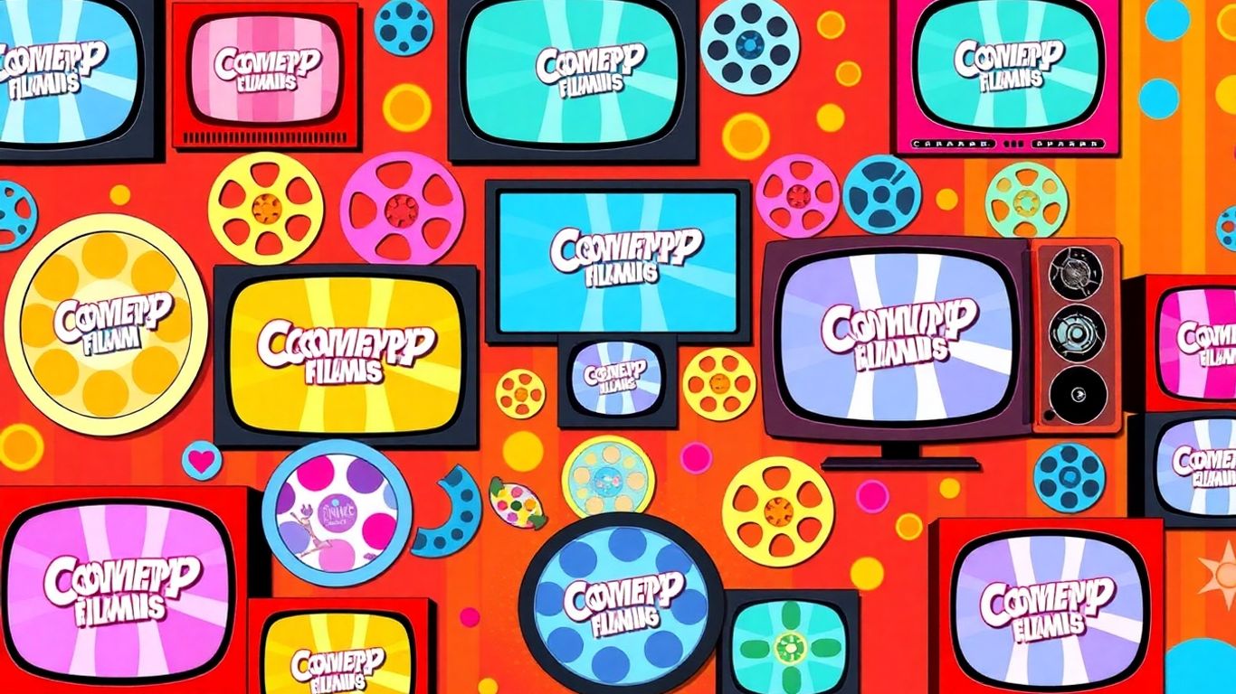 Colourful film reels and TV screens for comedy.
