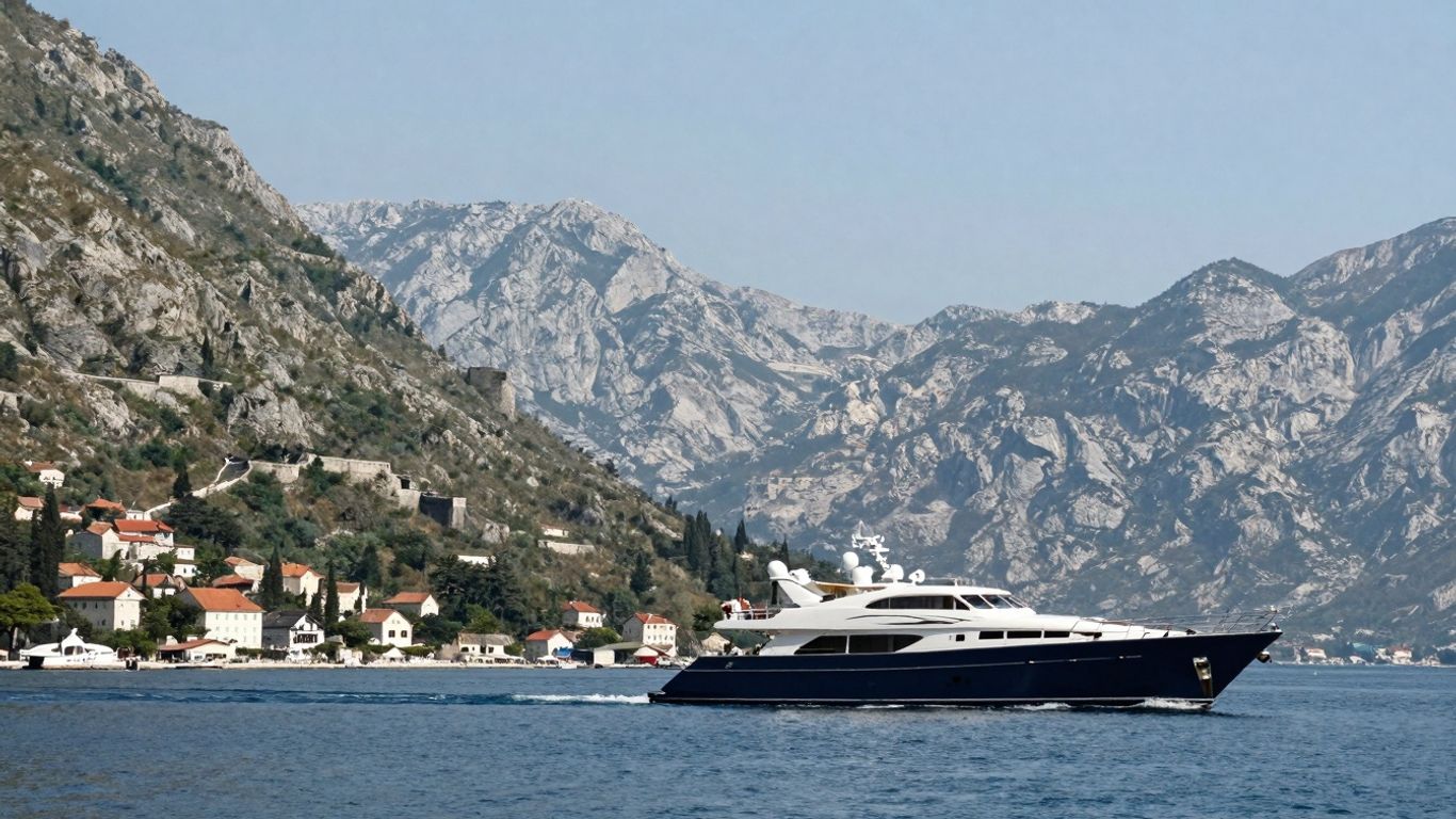 Yacht sailing in Kotor Bay, Montenegro, with mountains and old town.