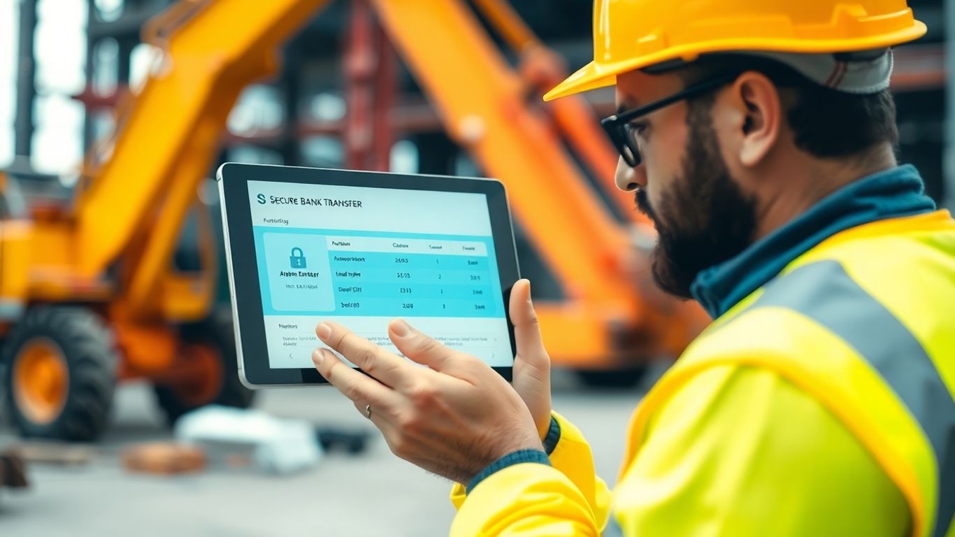 Construction worker securing bank details on a tablet.