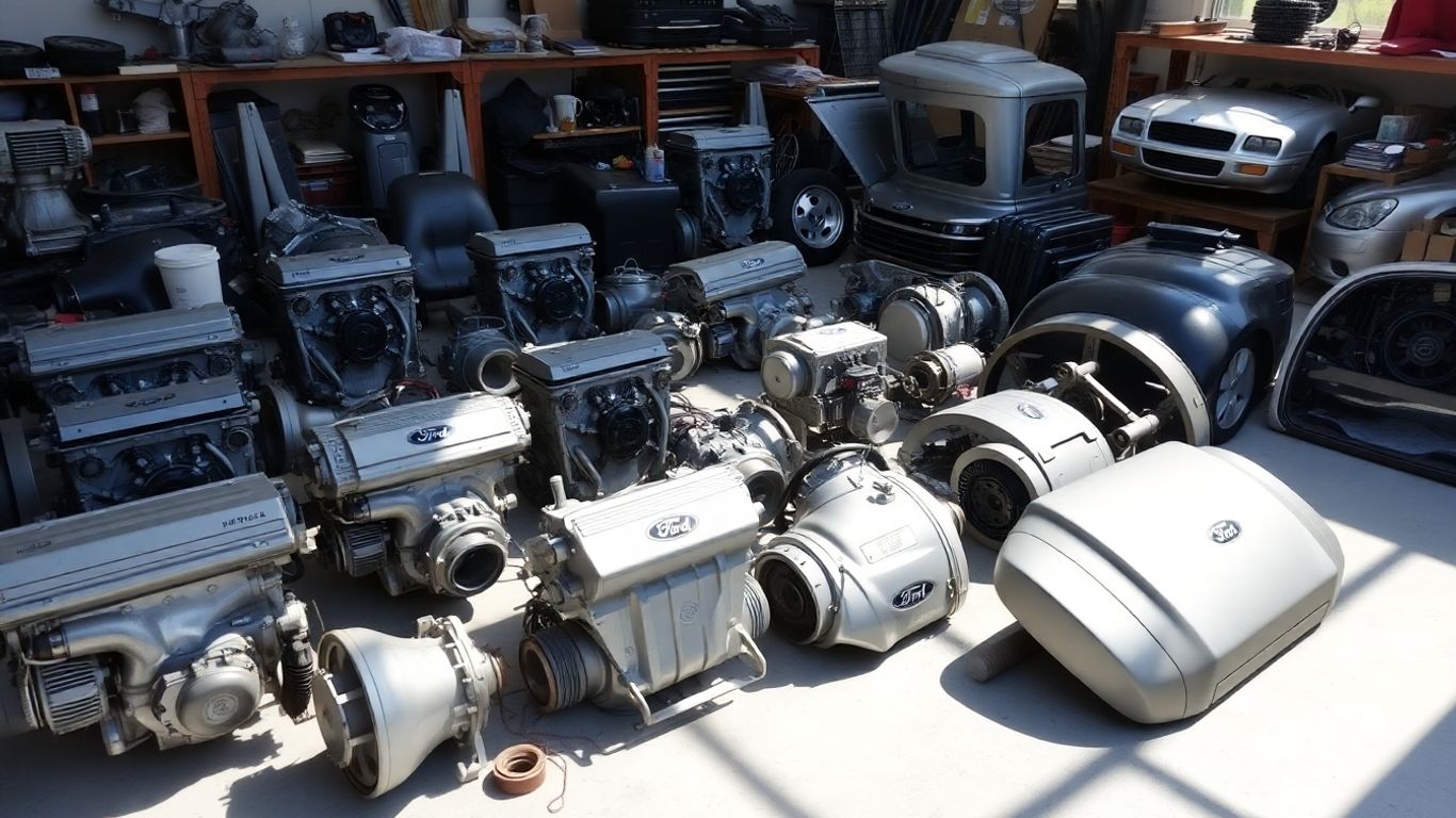 Ford car parts laid out on a workshop floor.