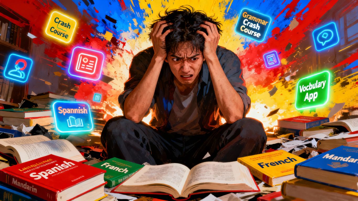 Overwhelmed person surrounded by language learning course options.