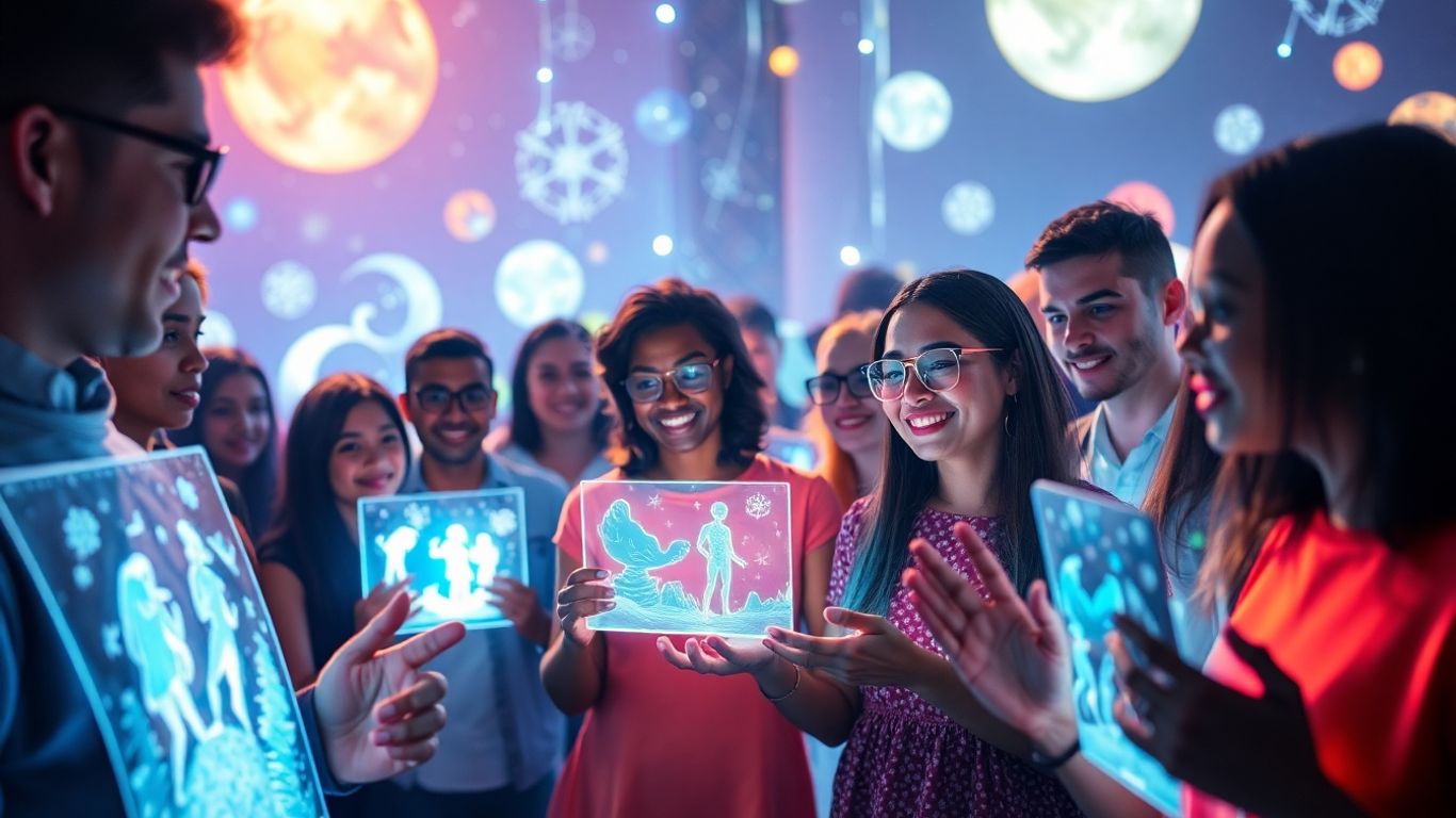 People interacting with AI characters and new worlds.