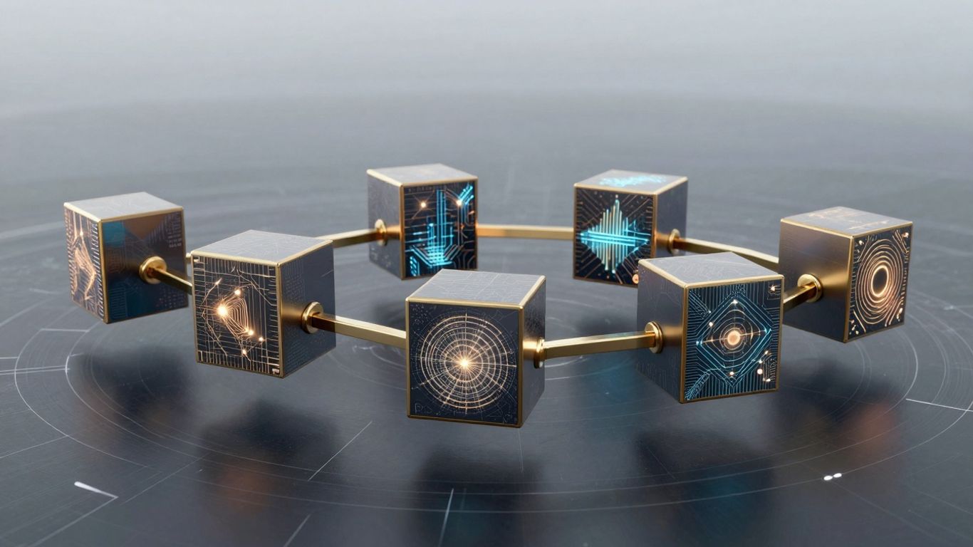 Interconnected digital blocks forming a secure blockchain network.