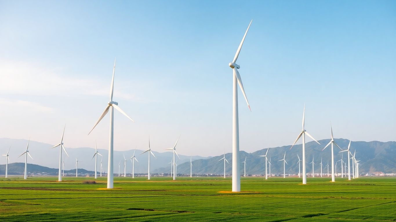 Ferme éolienne moderne en Chine avec turbines et montagnes.