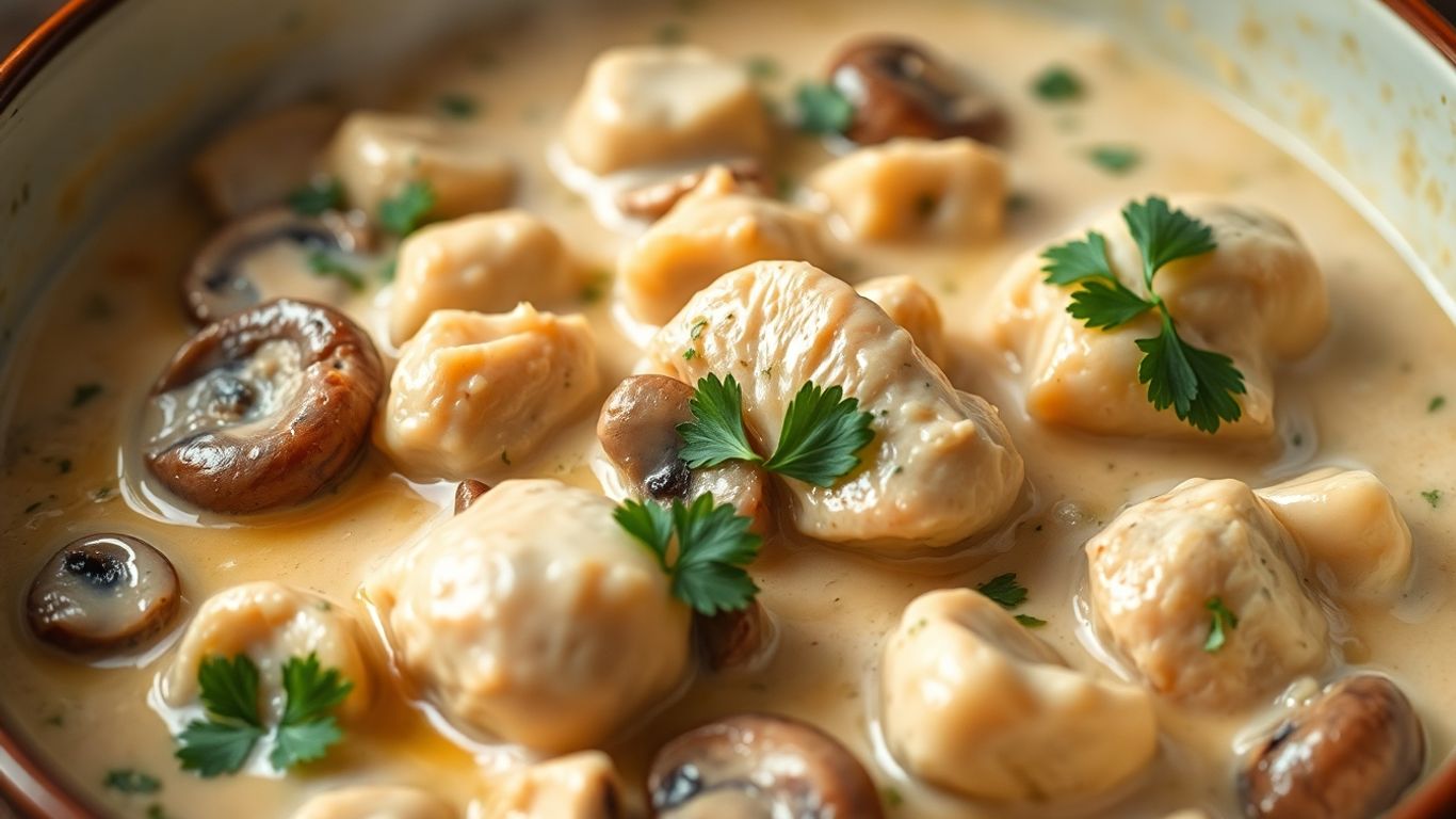 Steaming bowl of ciulama with chicken and mushrooms.