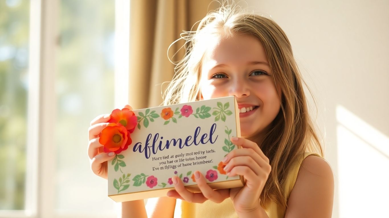 Girl happily holding a personalized affirmation gift.