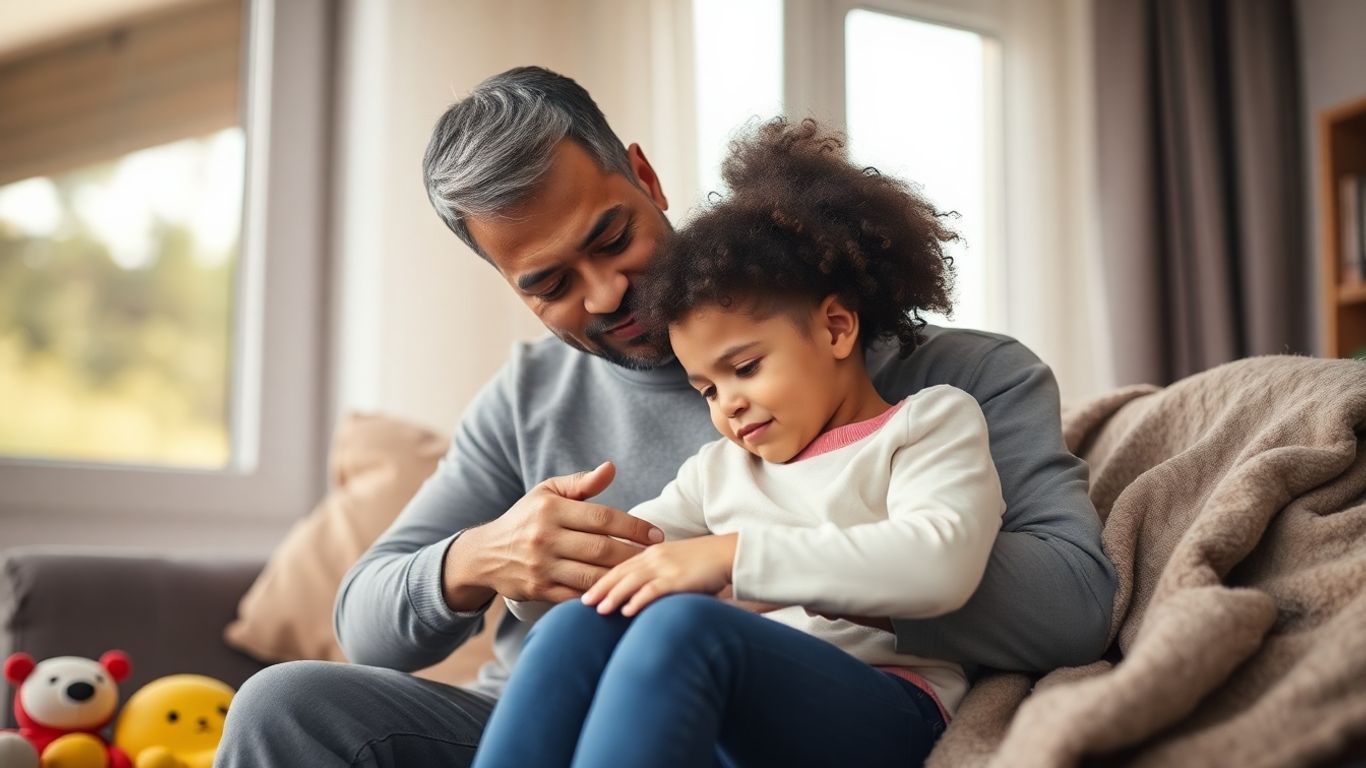 Parent réconforte enfant malade dans salon lumineux