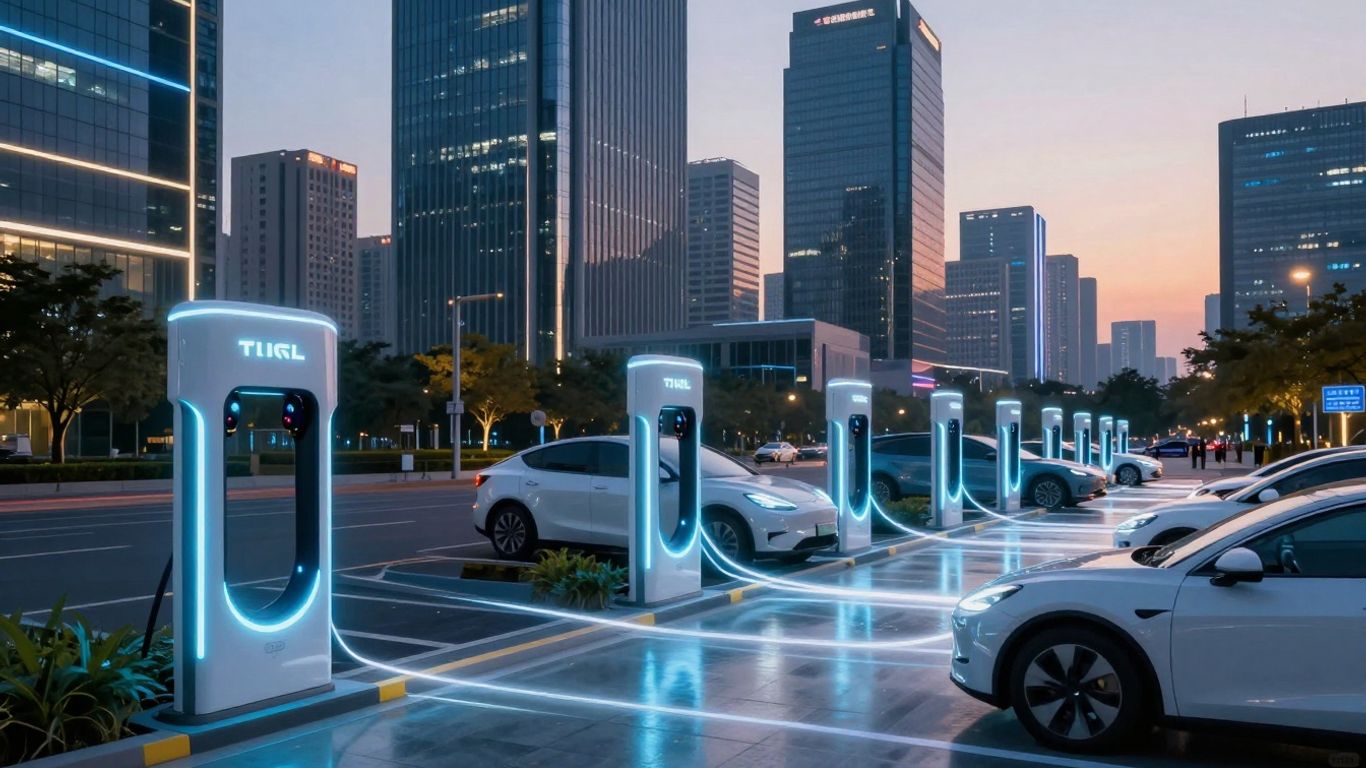 AI optimizing smart charging networks in futuristic city