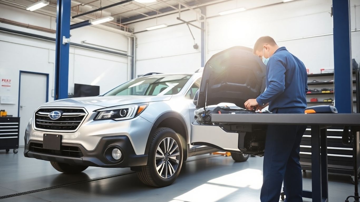 Subaru mechanic servicing a car in a workshop.