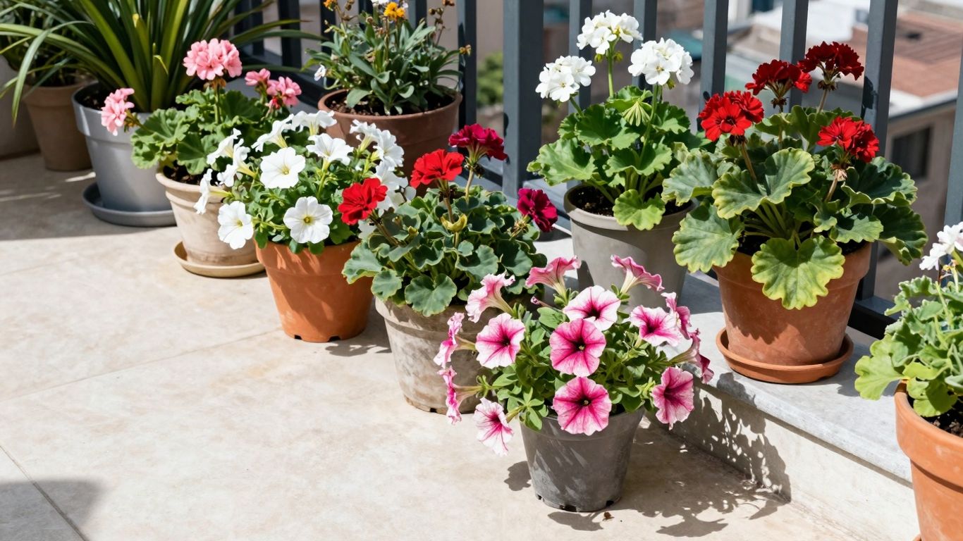 Frostharte Balkonpflanzen blühen in der Sonne.