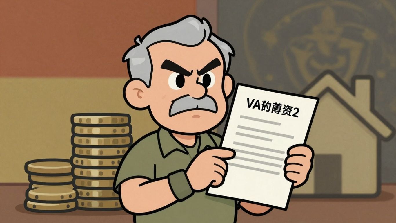 Veteran holding VA loan document with coins and house.