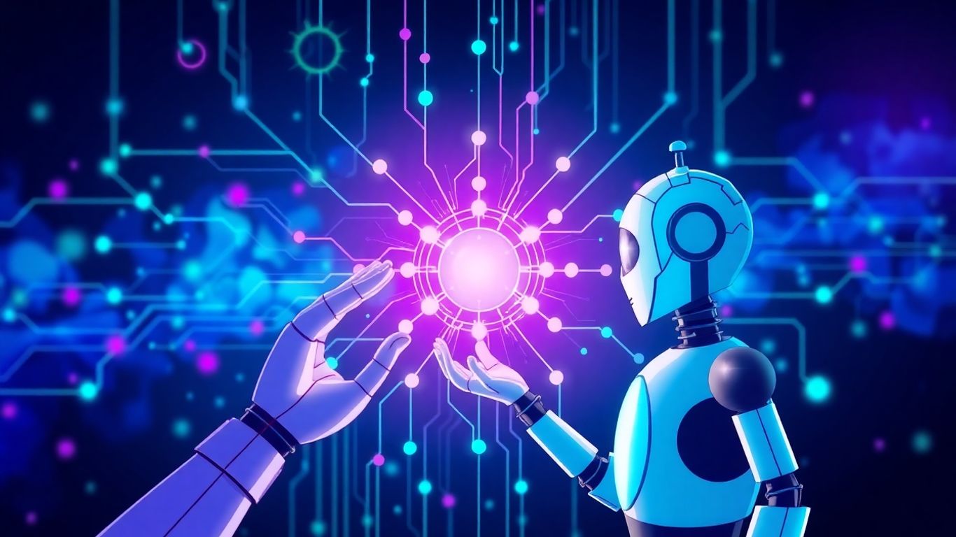 AI automation infographic with robot and digital circuits.