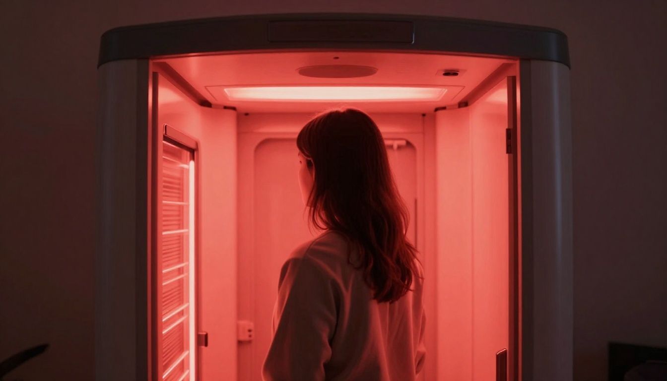 Person inside a red light therapy booth receiving treatment.