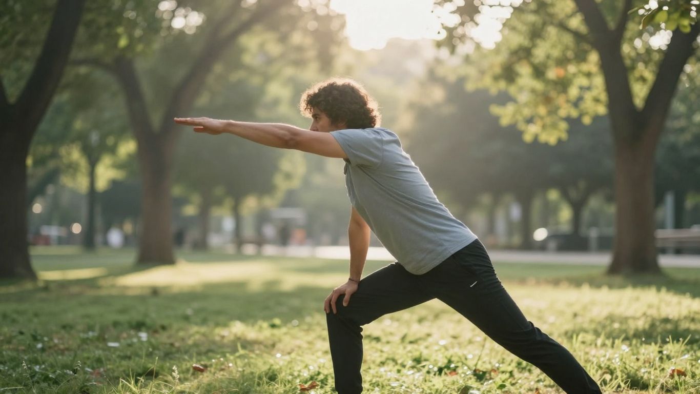 Femeie întinzându-se în parc dimineața.