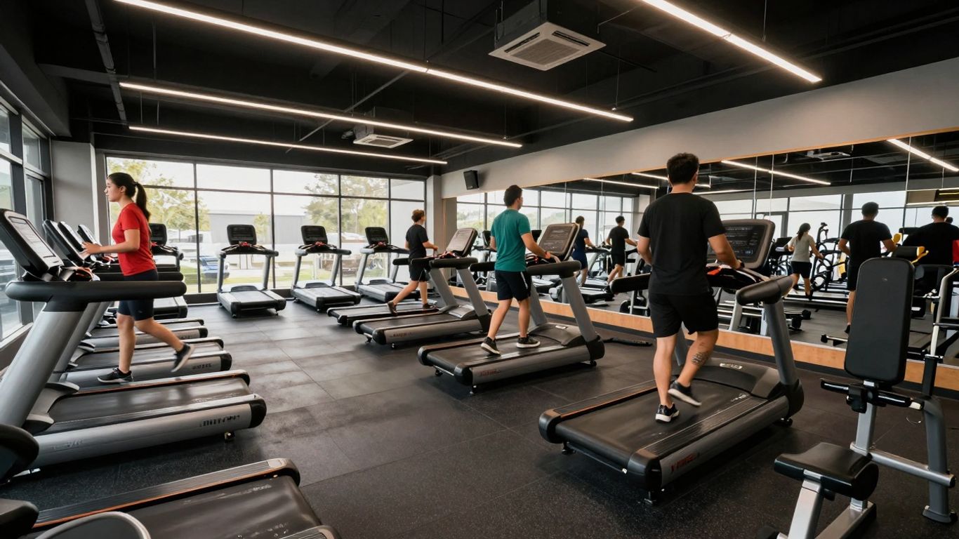 Modern gym interior with people working out.
