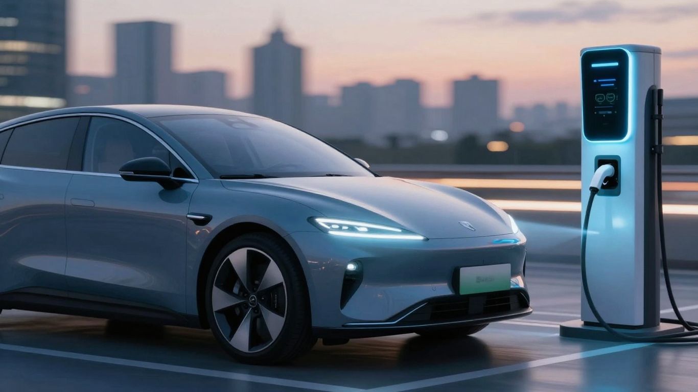 Electric car charging rapidly at a futuristic station.