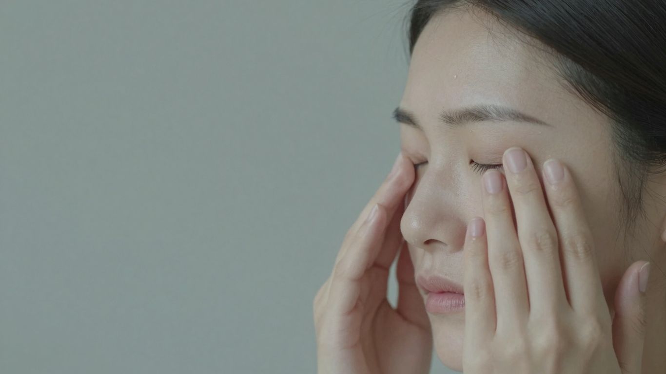 Person tapping face for emotional well-being.