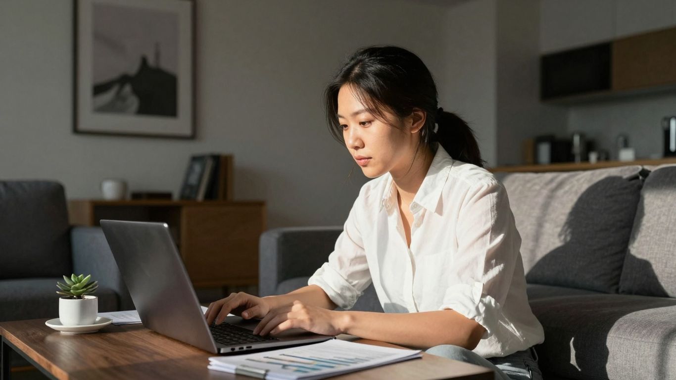 Denver Airbnb interior with modern furnishings and laptop.