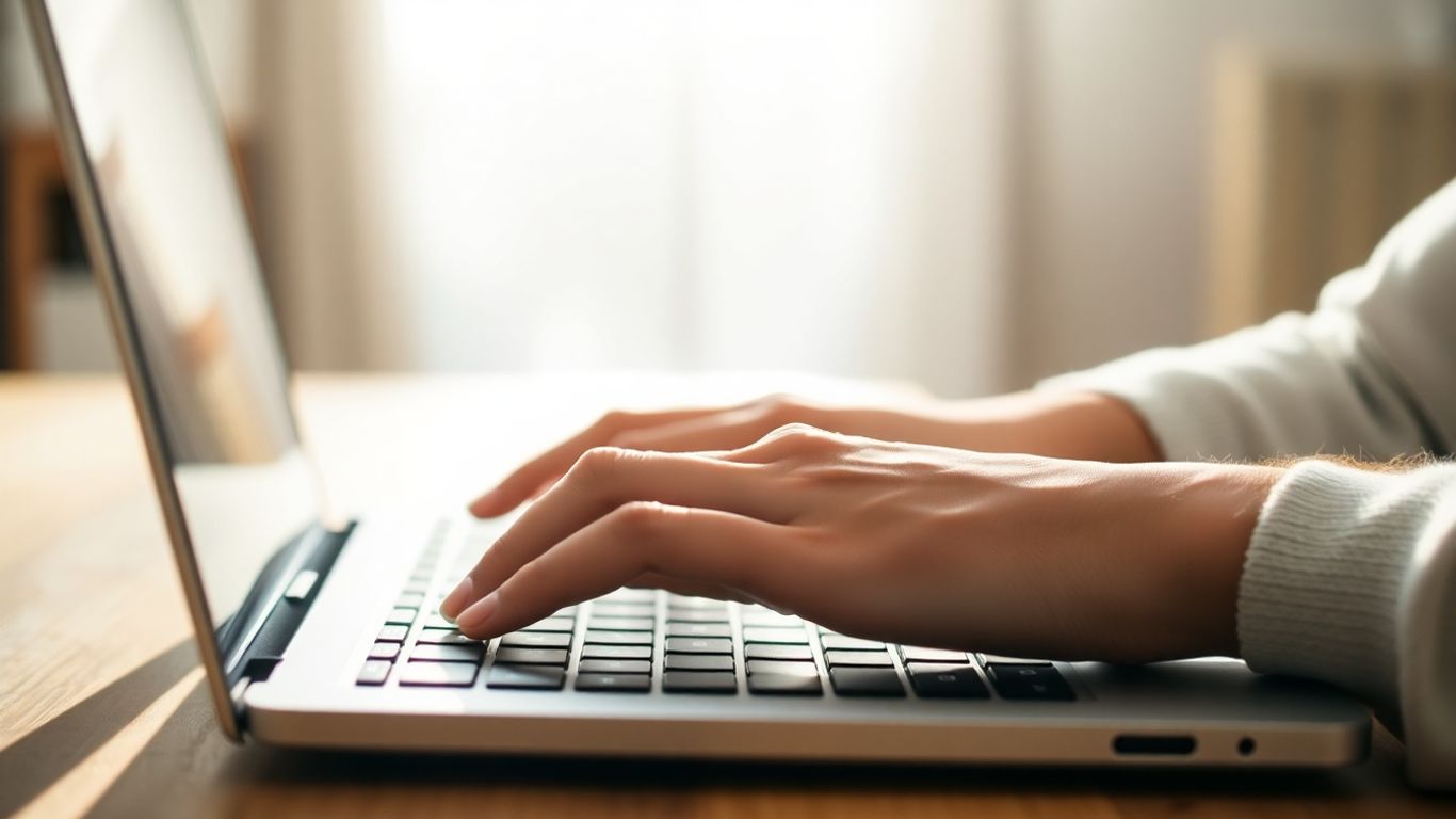 Hands typing on a laptop keyboard at home.