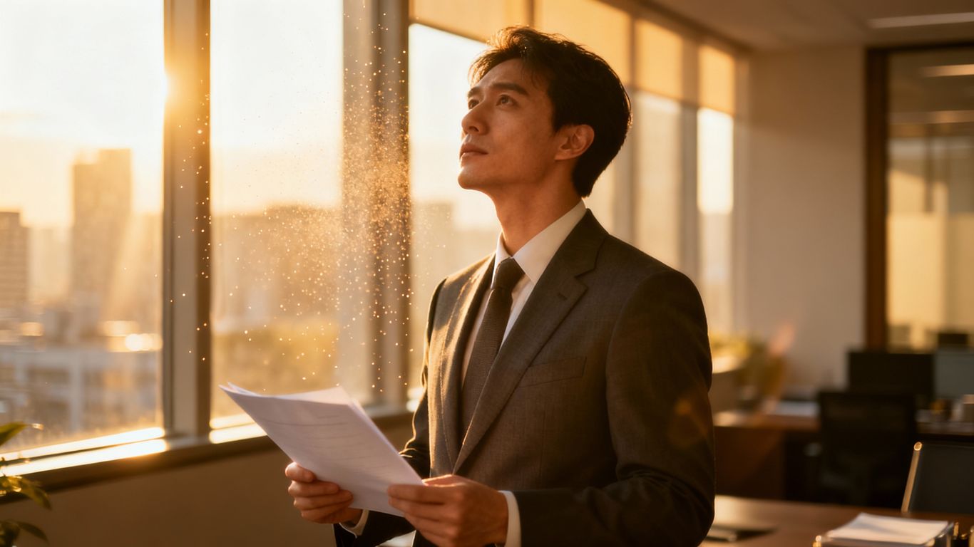 Professional holding a document in an office setting.