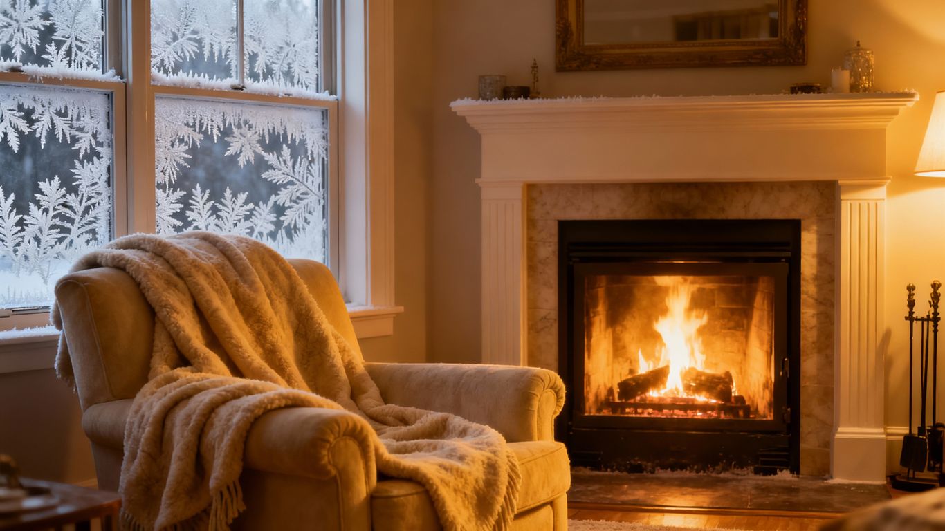 Cozy living room with fireplace and frosted window.