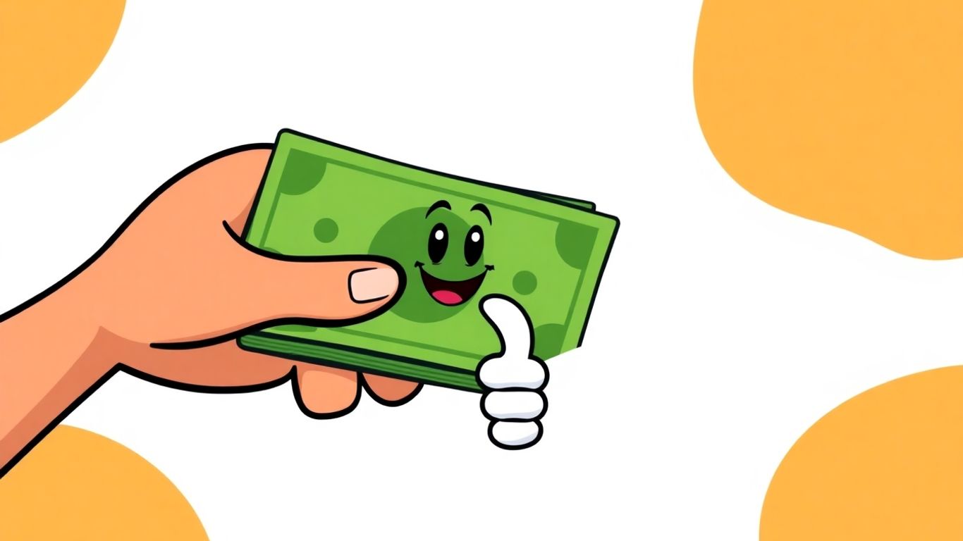Cartoon hand holding cash with payday loan mascot giving thumbs up.