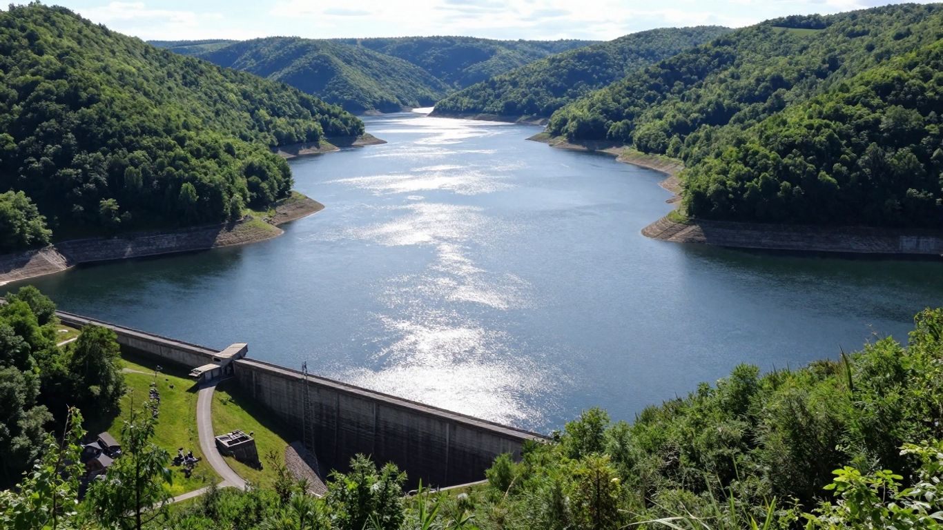Genkeltalsperre im Sauerland mit grünen Hügeln und Staudamm
