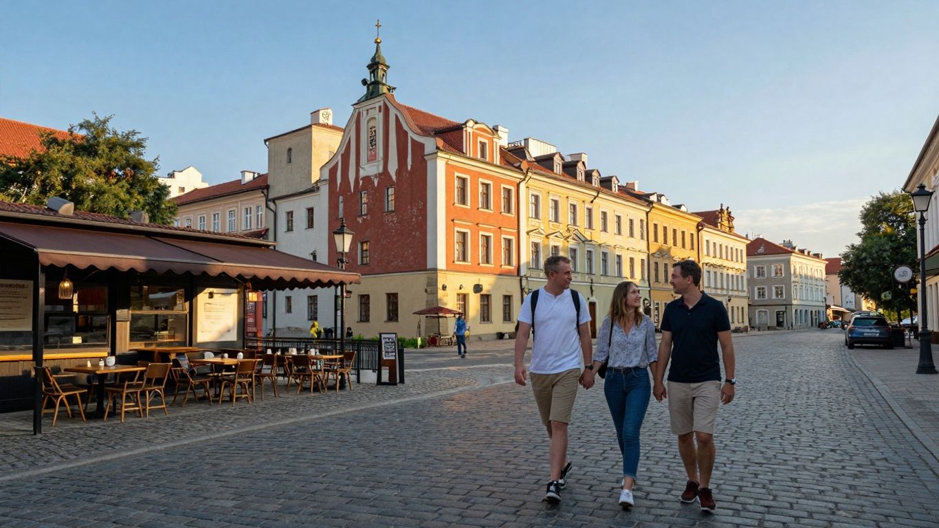 Urokliwe miasto w Polsce, para spacerująca po uliczce.
