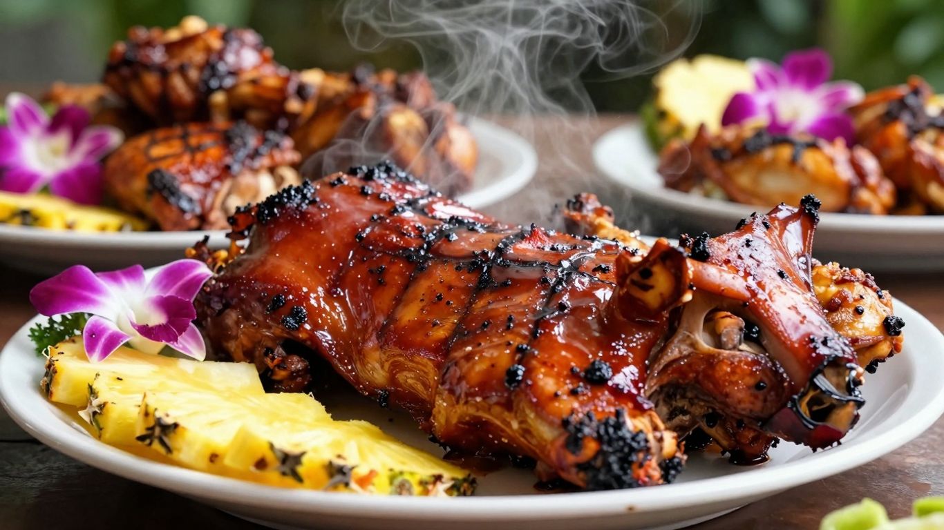 Hawaiian BBQ platter with grilled meats and pineapple.