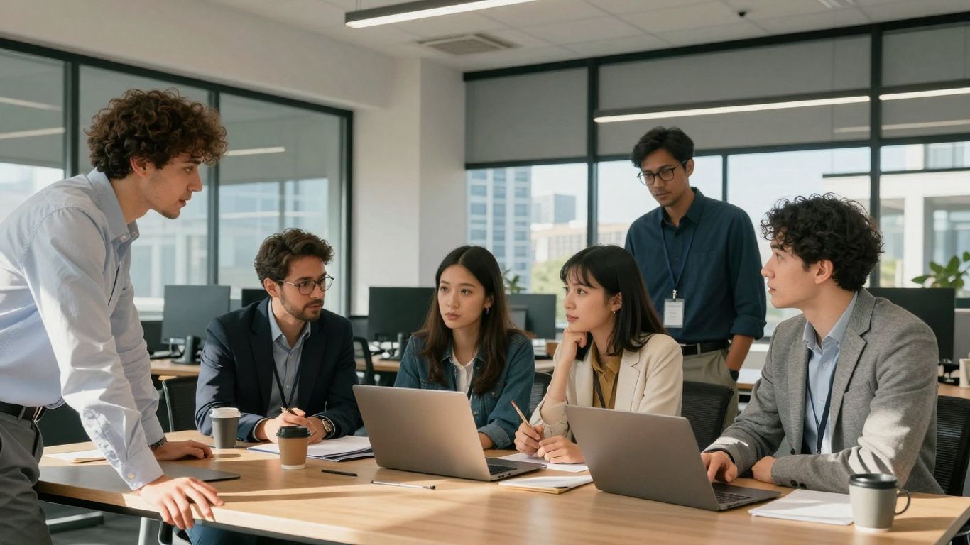 Digital marketing professionals collaborating in a bright, modern office.