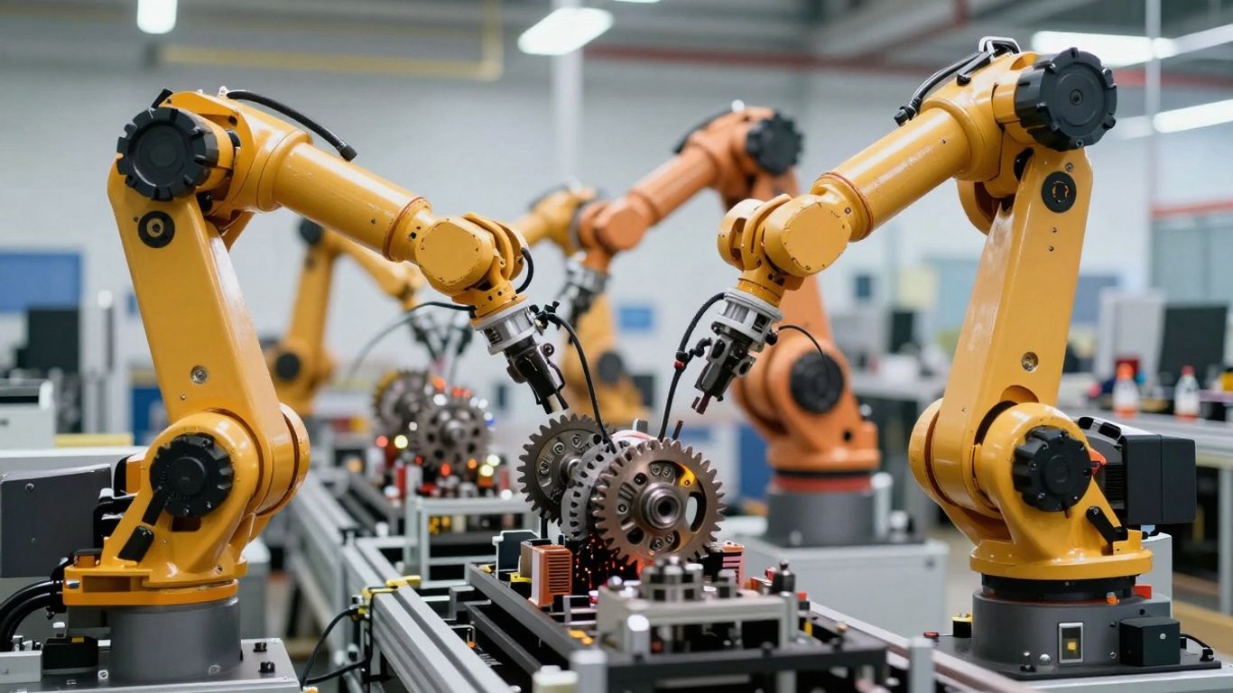 Robotic arms assembling components on a futuristic assembly line.