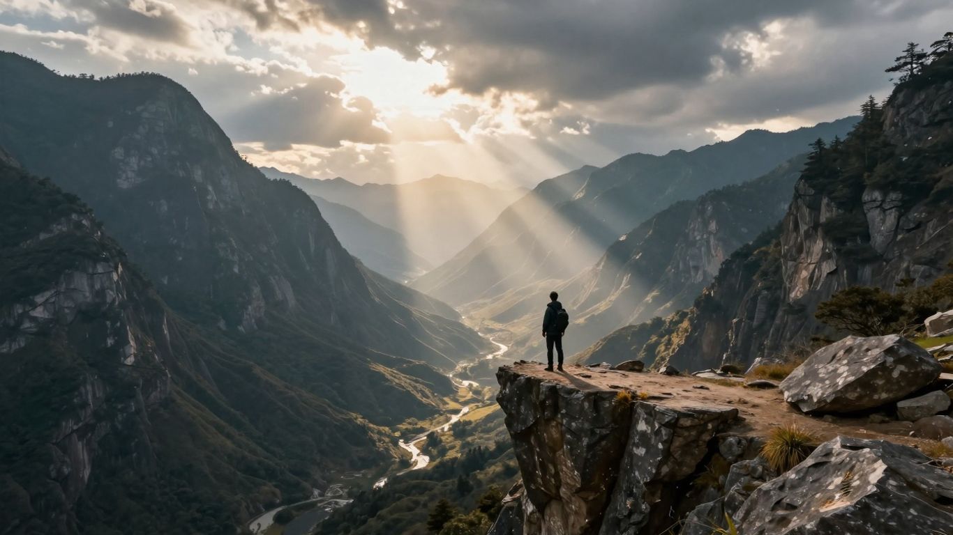 Cinematic reveal of a sunlit mountain valley vista.