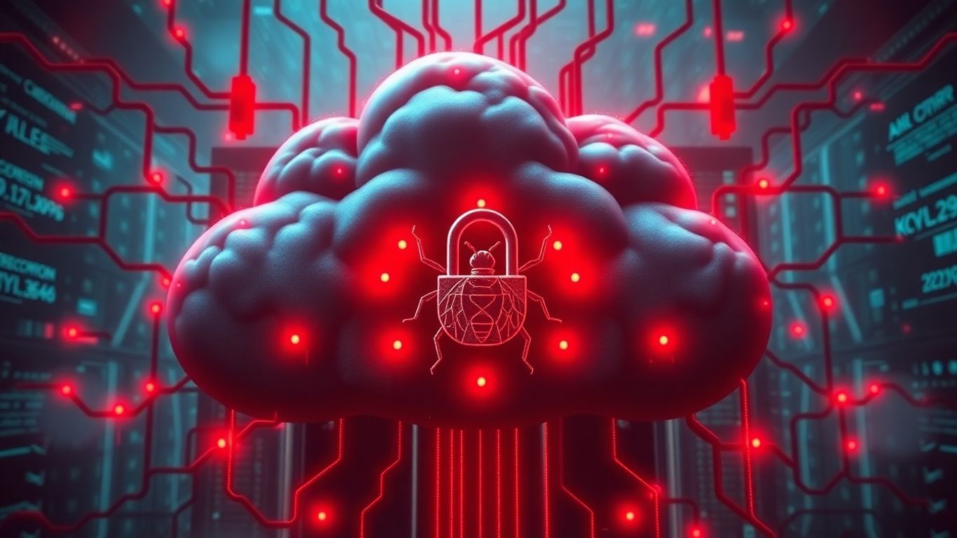 Cloud server with bug icon and broken lock