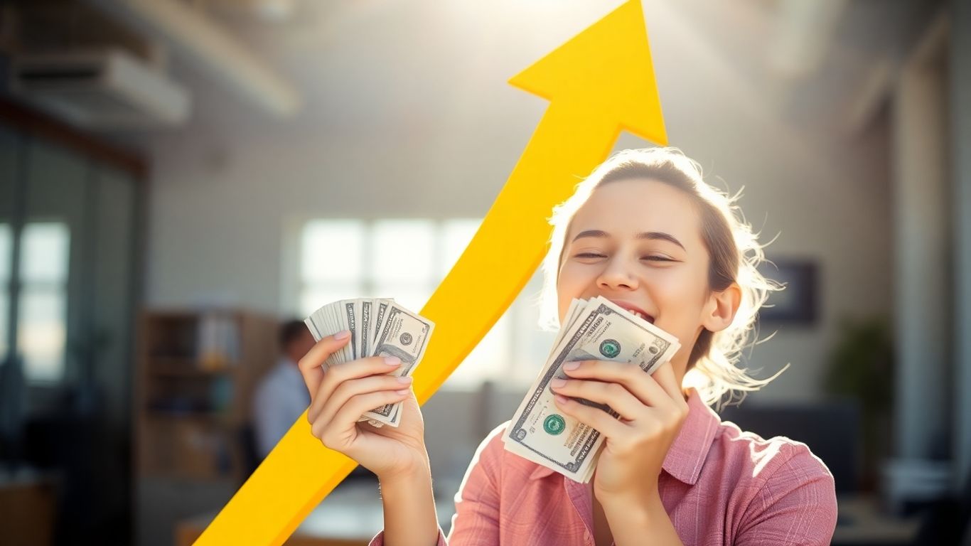 Pessoa feliz com dinheiro e seta de crescimento.