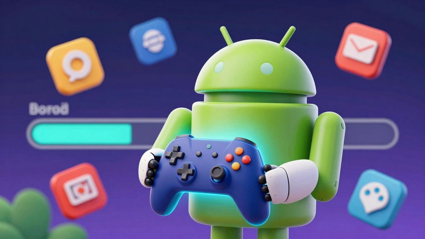 Android robot installing a game with glowing controller.
