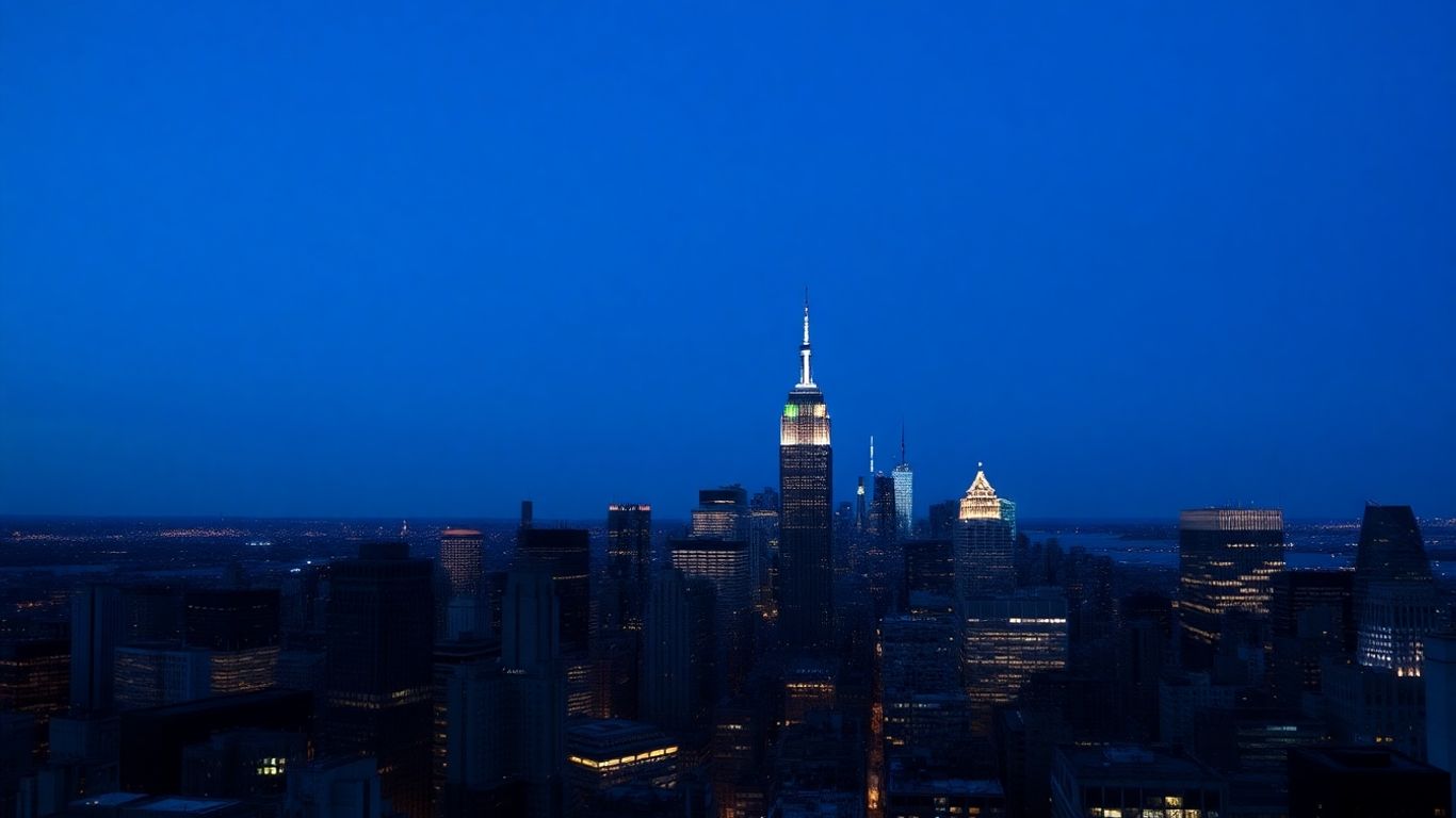 New York City skyline at dusk with illuminated skyscrapers.