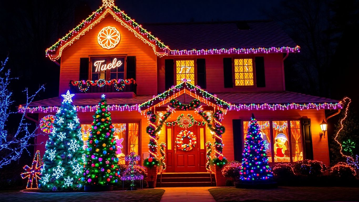 Ballwin house decorated with colorful Christmas lights.