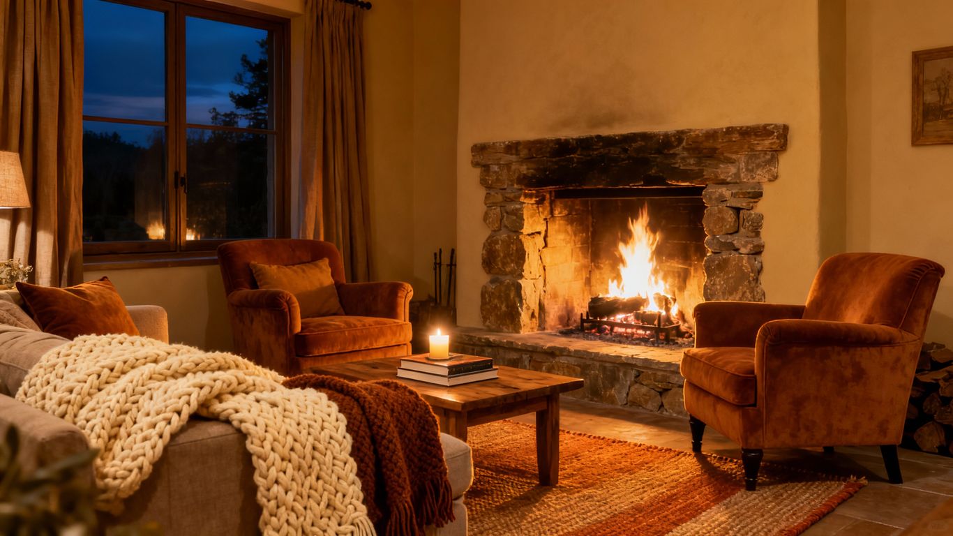 Cozy fireplace with warm flames and comfortable seating.