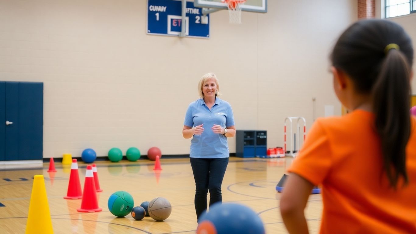 Lehrer im Sportunterricht mit Sportgeräten