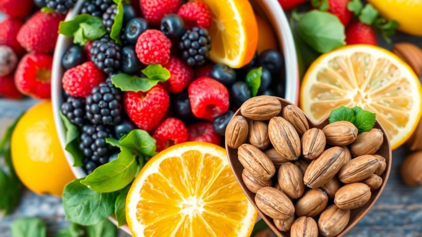 Heart-healthy foods: fruits, vegetables, nuts, and seeds.